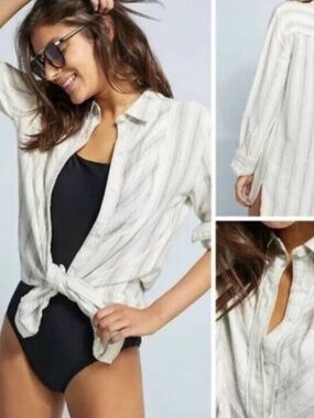 Anthropologie Ivory Striped Tie-Front Button Shirt